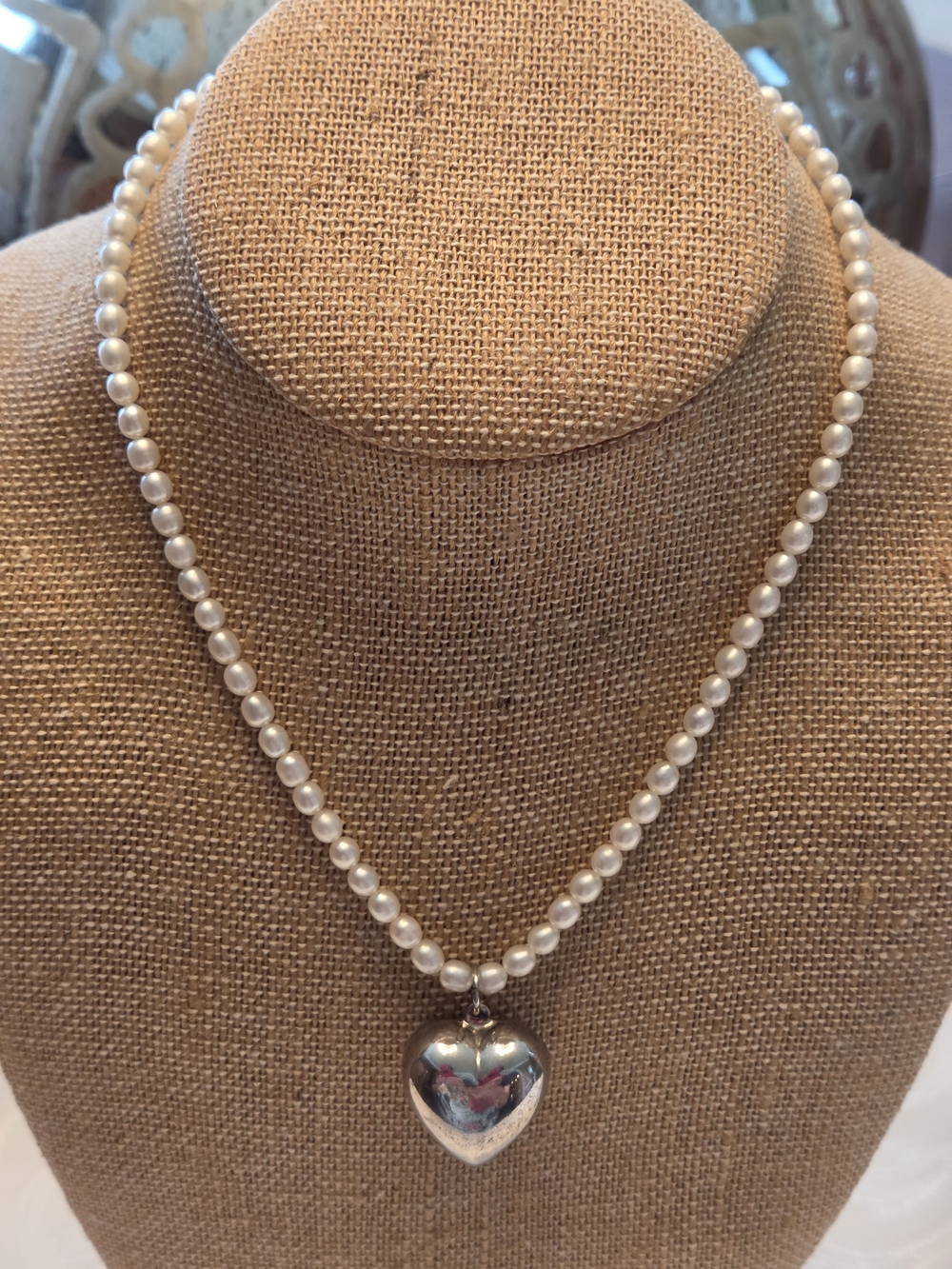 Pearl Necklace with Sterling Silver Heart Pendant - Elegant White Pearls